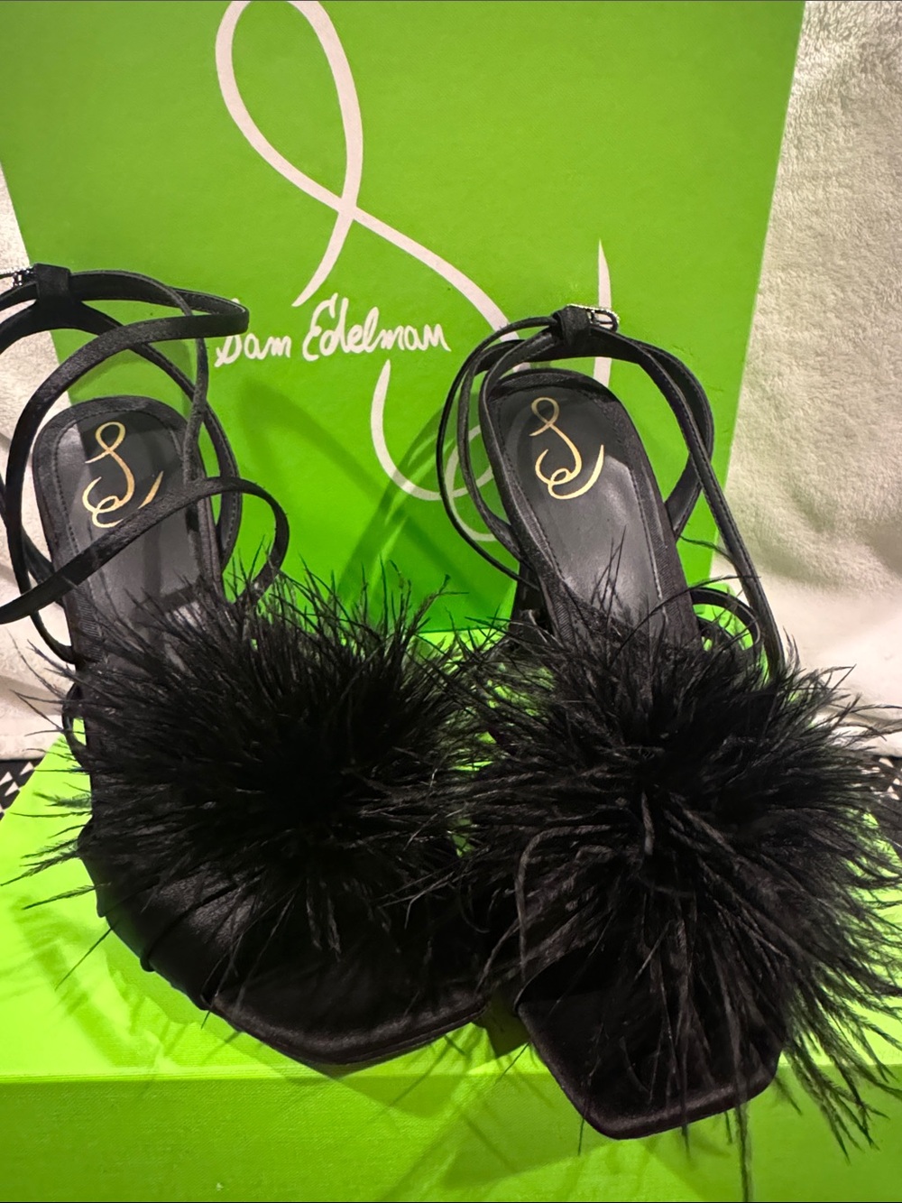 Sam Edelman Black Feather Pom Strappy Heels